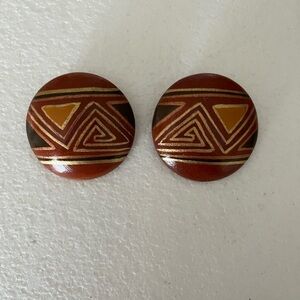 Geometric Patterned Round Wooden Painted Earrings